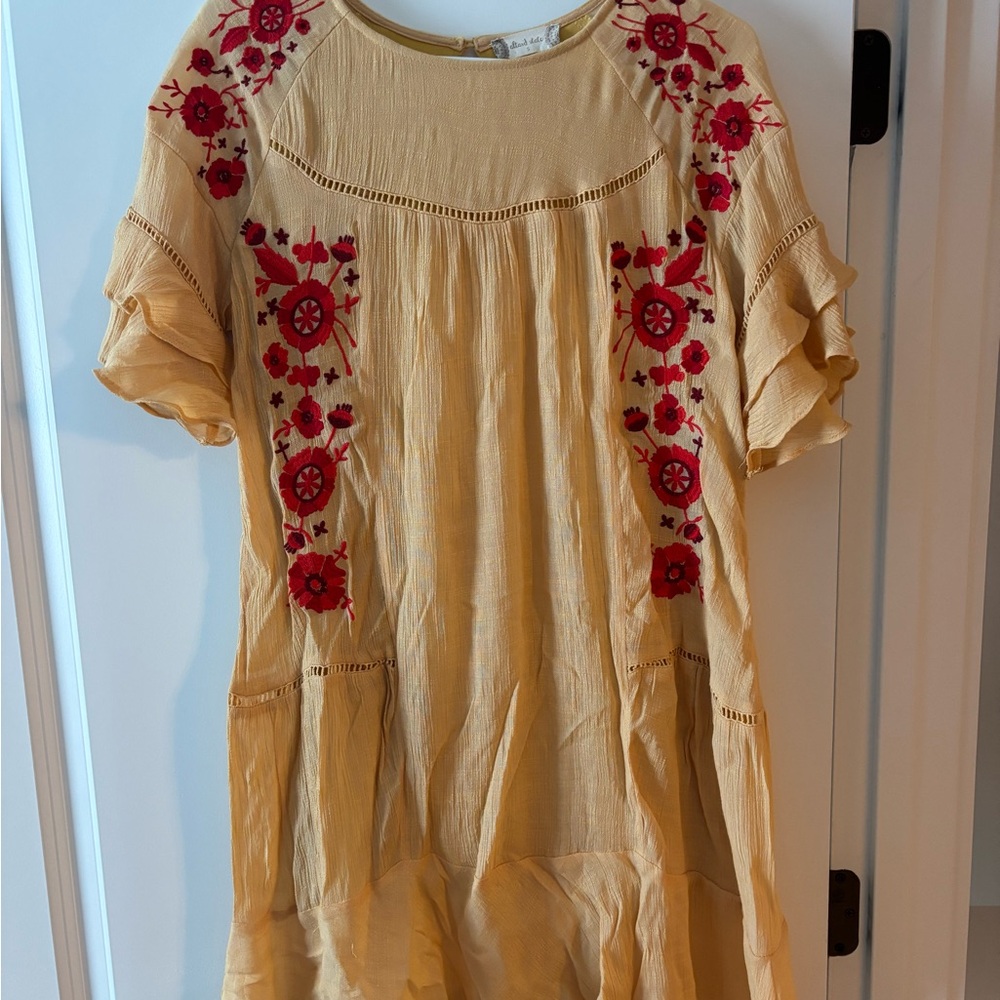 Altar'd State Yellow Mini Dress with Red Floral Embroidery